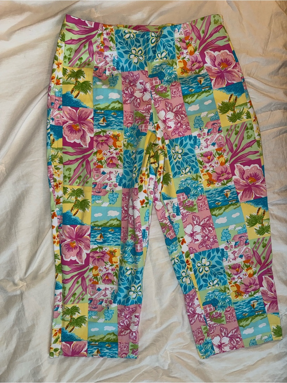 Vtg 90s Y2K Briggs New York Floral Palm Tree Resort Crop Pants- 12P